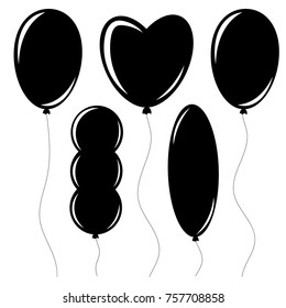 Set of flat isolated black silhouettes of balloons on ropes. Simple design on white background