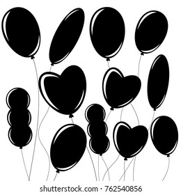 Set of flat isolated black silhouettes of balloons on ropes. Simple design on white background