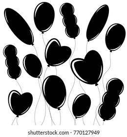 Set of flat isolated black silhouettes of balloons on ropes. Simple design on white background