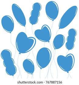 Set of flat isolated blue silhouettes of balloons on ropes. Simple design on white background