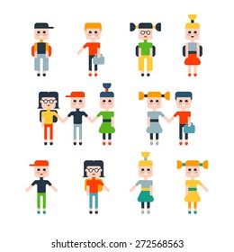 Set of flat isolated children, schoolboys and schoolgirls. 
