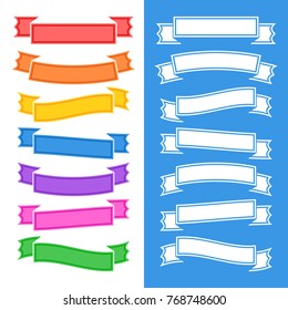 Set of flat isolated colored ribbons and banners on white and blue background. Simple flat vector illustration. With place for text. Suitable for infographics, design, advertising, festivals, labels.