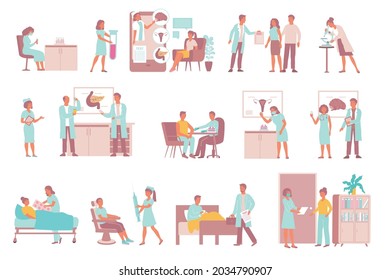 Set of flat isolated compositions with hormones treatment icons human characters of doctors and clinical patients vector illustration