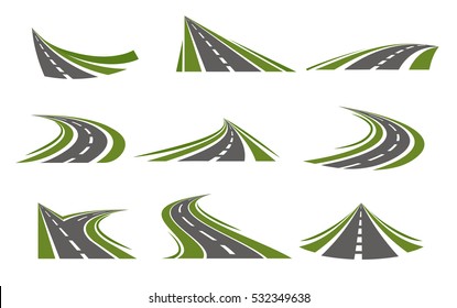 Set with flat isolated curving road image with decorative stylization of roadway winds false mirror style vector illustration