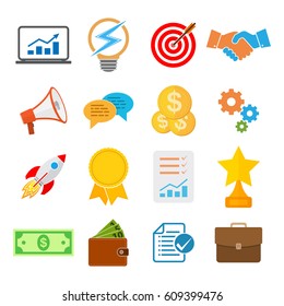 Set of flat isolated entrepreneurship icons. Business start up concept. Vector illustration