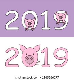 Set of flat isolated font numbers 2019 with cartoon muzzle of pig, symbol 2019 year by the oriental calenadar. eps 10
