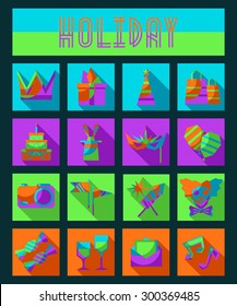 Set of flat isolated holiday icons with gifts, party, birthday symbols. Masquerade mask, fireworks, crown, merry clown, rabbit in a hat. Vector illustration.