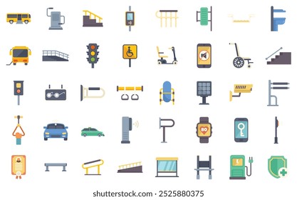Set of flat isolated icons featuring urban, traffic, smart technologies, charging stations, and accessibility elements for a modern city