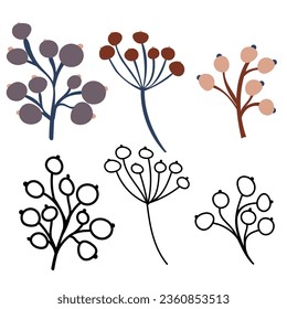 Set von flacher, isolierter Illustration von Herbstbeeren in gemütlichen Herbstfarben. handgezeichnete Vektordekoration für Scrapbooking, Textil- oder Buchumschläge, Wallpaper, Grafikkunst, Druck, Hobby, Einladung.