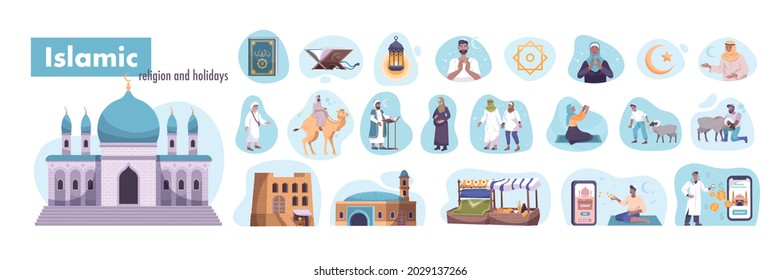Set with flat isolated islam compositions of religion holiday icons and human characters of muslim people vector illustration