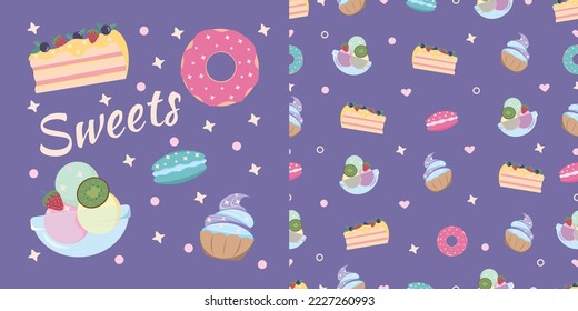 Set flat isolated objects and seamless pattern with cute sweets.
Includes ice cream, cupcake, donut, macaron, piece of cake and doodle elements. children's pattern.