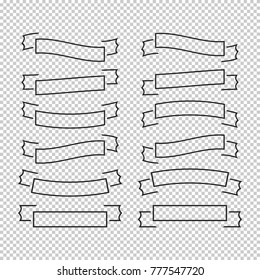 Set of flat isolated silhouettes of ribbons and banners on a transparent background. Simple flat vector illustration. With a black outline. Empty inside. Suitable for infographics, design.