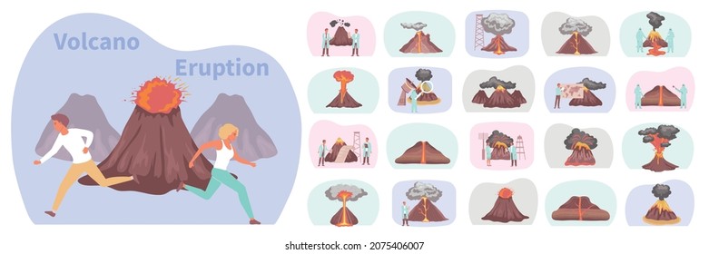 Set of flat isolated volcano compositions with views of mountain lava stream and running human characters vector illustration