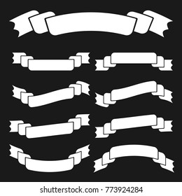 Set of flat isolated white silhouettes ribbons banners black background