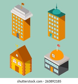 Set of flat isometric buildings for your design
