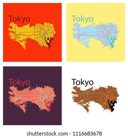 Set of Flat Japan Tokyo - Top view map showing streets design on top