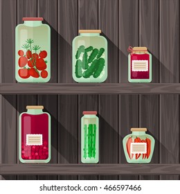 Set of flat jars of vegetable pickles on the wood background. Transparencies and clipping masks used