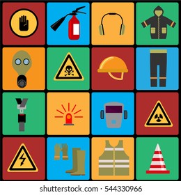 Set of flat job safety equipment icons with helmet industrial, headgear and protection boot. Vector illustration