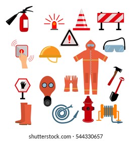 Set of flat job safety  firefighting icons with helmet industrial, headgear and protection boot. Vector illustration