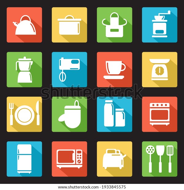 Set of flat kitchen icons with long\
shadow. White silhouette on a colored\
background.