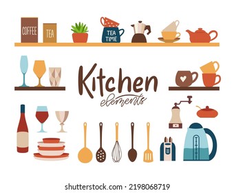 Set of flat kitchen tools. Flat vector illustrations of cookware objects isolated on white background. Cook appliances and accessories collection. Vector illustration. 