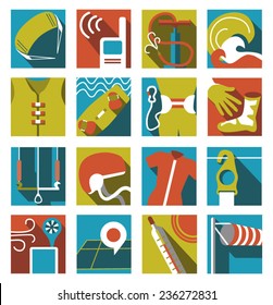 Juego de iconos planos de kite surf