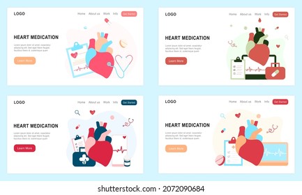 Set Of Flat Landing Page Templates For Heart Medication, Heart Disease Research, Cardiovascular System, Cholesterol, Medical Examination. Doctor, Pharmacy, Clinic For Website, UI Mobile Application.