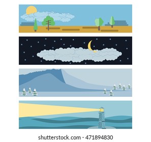 Set in a flat landscape style. Snow-capped mountains, a lighthouse in the sea, day and night. Vector illustration.