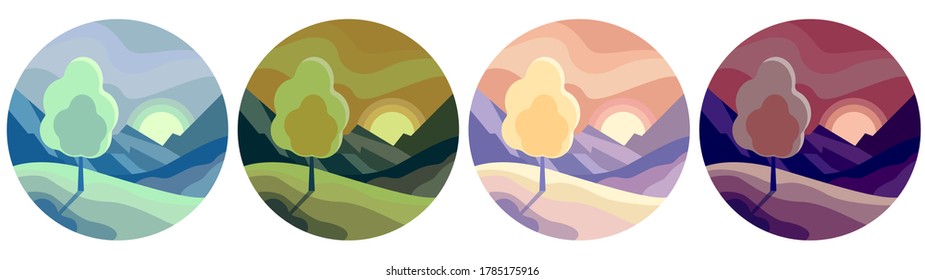 Set of flat landscapes on white isolated background. Horizontal nature illustration. Simple tree on a hill, mountains, sky, sun. Suitable for poster, banner, brochure, card.