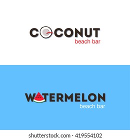 Set of flat lay logos for beach bar with the image of coconut and watermelon. Vector illustration.