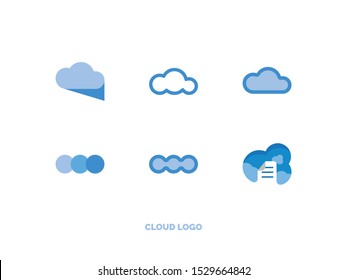 set of flat light blue cloud logos. Contour blue flat icons in the form of documents, geometric shapes, air flows in different color shades