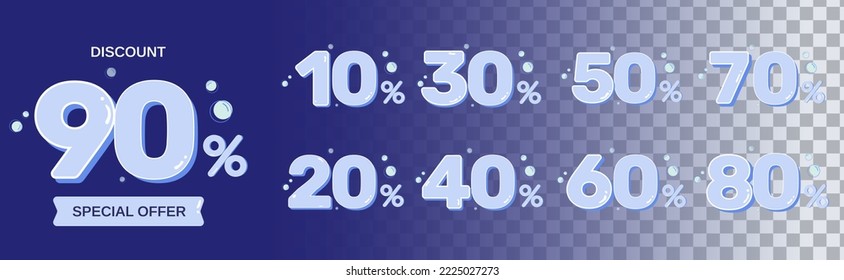 Set of flat light blue Discount numbers with bubble concept. Price off tag design collection. 10%, 20%, 30%, 40%, 50%, 60%, 70%, 80%, 90%, percent vector illustration.
