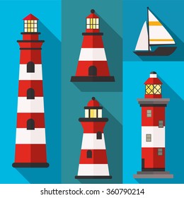 Set of flat lighthouse web icons. Flat boat web icon.