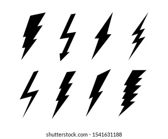 Set of flat lightning icons. Vector black signs. Bolt symbols collection isolated on white background.