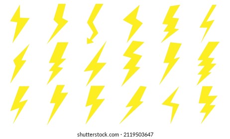 Set of flat lightning icons. Yellow lightning icons isolated on white background. Vector illustration.