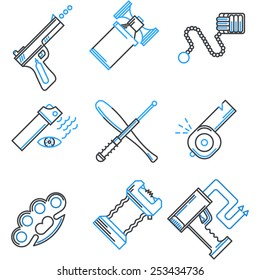 Set of flat line black and blue color vector icons for self defence weapons and devices on white background.