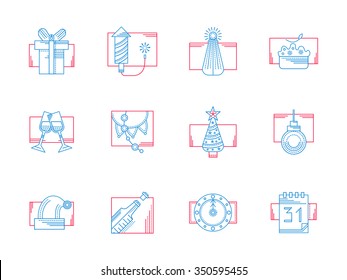 Set of flat line blue and red color vector icons for winter celebrations. Christmas holidays, New Year Party symbols. Web design elements for website and mobile.