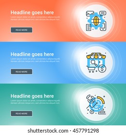 Set of flat line business website banner templates. Vector illustration. Modern thin line icons in circle with lights effect
