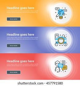 Set of flat line business website banner templates. Vector illustration. Modern thin line icons in circle with lights effect