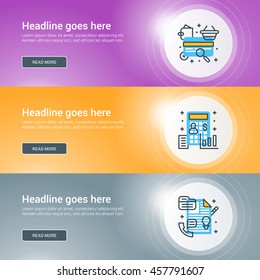Set of flat line business website banner templates. Vector illustration. Modern thin line icons in circle with lights effect