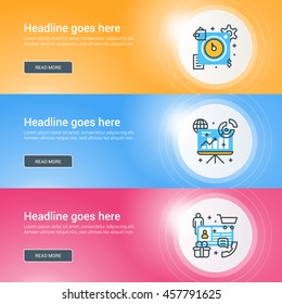 Set of flat line business website banner templates. Vector illustration. Modern thin line icons in circle with lights effect