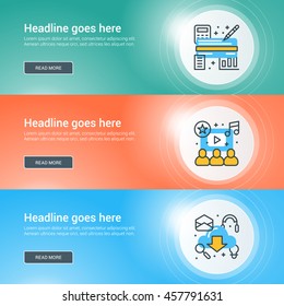 Set of flat line business website banner templates. Vector illustration. Modern thin line icons in circle with lights effect