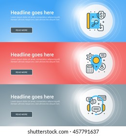 Set of flat line business website banner templates. Vector illustration. Modern thin line icons in circle with lights effect
