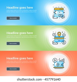 Set of flat line business website banner templates. Vector illustration. Modern thin line icons in circle with lights effect