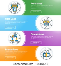 Set of flat line business website banner templates. Vector illustration. Modern thin line icons in circle. Purchases, Cold Calls, Discussion, Promotions