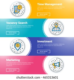 Set of flat line business website banner templates. Vector illustration. Modern thin line icons in circle. Time Management, Vacancy Search, Investment, Marketing