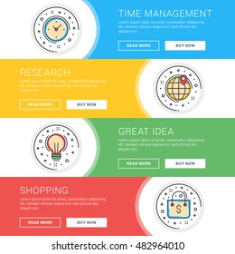 Set of flat line business website banner templates. Template for wesite headers. Vector illustration. Modern thin line icons in circle. Time Management, Research, Great Idea, Shopping
