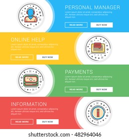 Set of flat line business website banner templates. Template for wesite headers. Vector illustration. Modern thin line icons in circle. Personal Manager, Online Help, Payments, Information
