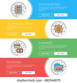 Set of flat line business website banner templates. Template for wesite headers. Vector illustration. Modern thin line icons in circle. Calculating, Technical Help, Finance, Working