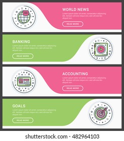 Set of flat line business website banner templates. Vector illustration. Modern thin line icons in circle. World News, Banking, Accounting, Goals